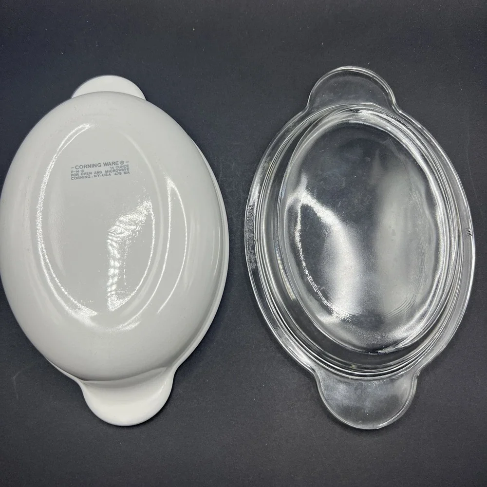CORNING WARE  P-14-B  14 OZ. ‎ WHITE CASSEROLE DISH W/ CLEAR GLASS LID P-14-C